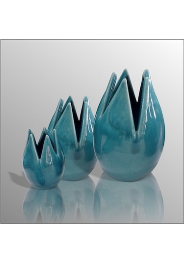 Seramik Turkuaz Laleler Biblo Seti 15Cm - 13Cm - 9Cm