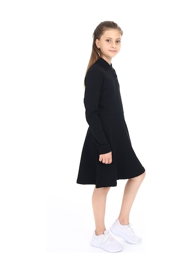 Toontoy Kız Çocuk Polo Yaka Çıtçıtlı Göğsü Baskılı Elbise Siyah