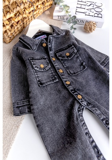 Esnek Erkek Bebek Kot Tulum 100% Cotton Füme