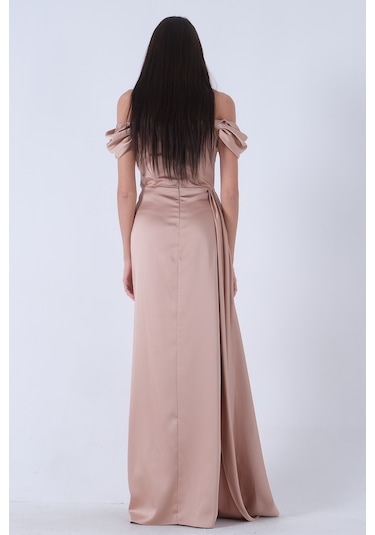 Feminist Bej Drape Detaylı Saten Kumaş Abiye Elbise 9704858.55