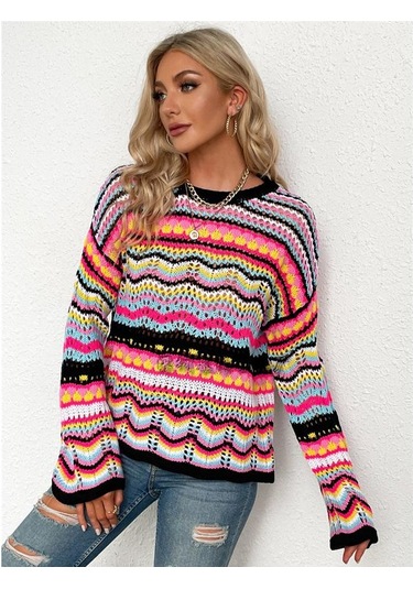 Kadın Gökkuşağı Bisiklet Yaka Çizgili Örgü Kazak Kazak Uzun Kollu Günlük Gevşek Büyük Boy Üstler Mavi