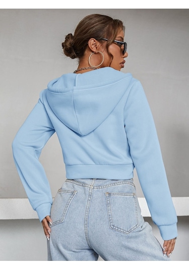 Kadın Kapüşonlu Fermuarlı Crop Hırka Sweatshirt -üç İplik Şardonlu