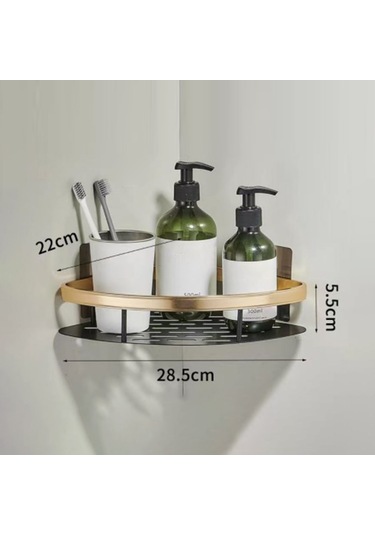 Yumruksuz Alüminyum Depolama Rafı Banyo Düzenleme Rafı, Geniş Kenarlı Tek Katmanlı Üçgen - Siyah + Altın Siyah Altın