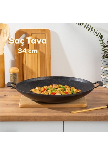 Granit Döküm Saç Kavurma Tavası 34 Cm Siyah