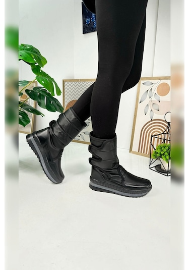 Nstil Alves Unisex Kadın - Erkek - Çocuk Kar Botu İçi Kürklü Cırt Cırtlı Kaymaz Taban Ayakkabı 802 Siyah