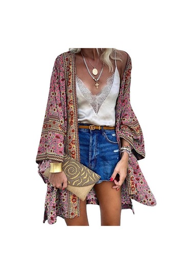 Kadın Yaz Önü Açık Hırka Bohem Tatil Bikini Cover Up Hırka Kimono Dış Giyim Pembe