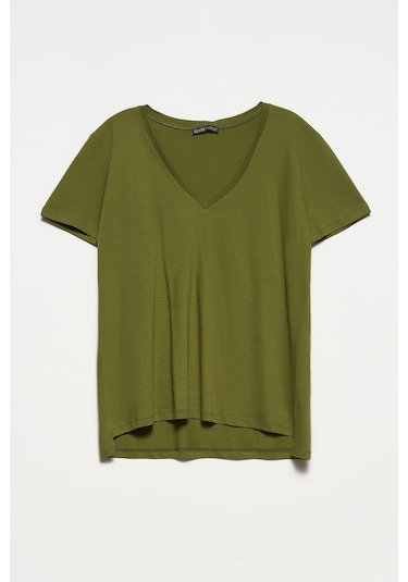Kadın Haki V Yaka Basic T-shirt 3470 Haki