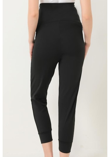 Siyah Esnek Yüksek Bel Çift Cepli Hamile Jogger Eşofman Altı
