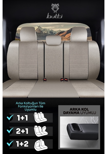 Bej - Bej Butti Lino Serisi Keten Kumaş Premium Oto Koltuk Kılıfı Ortopedik Destekli, Ön Arka Tam Set
