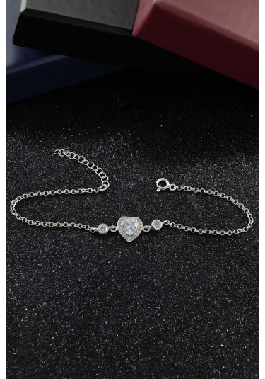Beyaz Kalp Tasarımlı 925 Ayar Gümüş Kadın Ayarlanabilir Bileklik - Gümüş