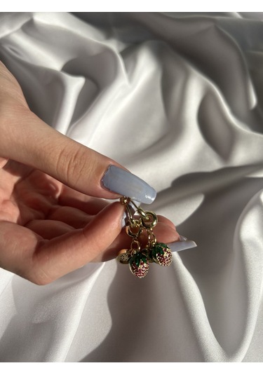 Üç Boyut Çilekli Charm Küpe Altın