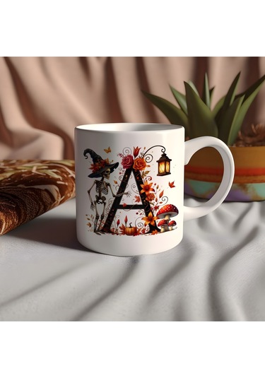 A Harfi Şapkalı İskelet Figürlü Ve Çiçekli Kupa Bardak - Cadılar Bayramı / Halloween Özel Hediye Beyaz