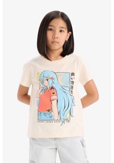 DeFacto Kız Çocuk Bisiklet Yaka Anime Baskılı Kısa Kollu Tişört E0350A825SMER233 Ekru