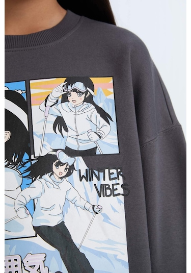 DeFacto Kız Çocuk Oversize Geniş Kalıp Bisiklet Yaka Baskılı Sweatshirt D7054A824WNAR148 Antrasit DeFacto Kız Çocuk Oversize Geniş Kalıp Bisiklet Yaka Baskılı Sweatshirt D7054A824WNAR148 Antrasit