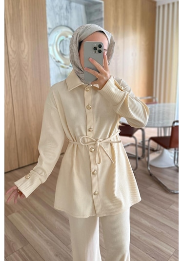 Gold Düğme Detaylı Fitilli Takım - Bej Bej