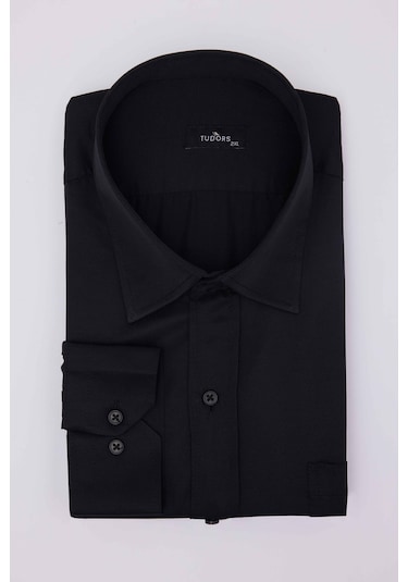 Tudors Büyük Beden Uzun Kollu Saten Erkek Siyah Gömlek-31285-siyah