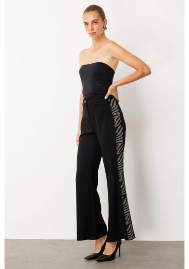 Moda İlgi Kadın Taş Şeritli Bol Paça Pantolon 0065 Siyah Siyah