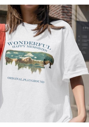 Kadin Beyaz Oversize Wonderful Baskılı T-shirt Beyaz