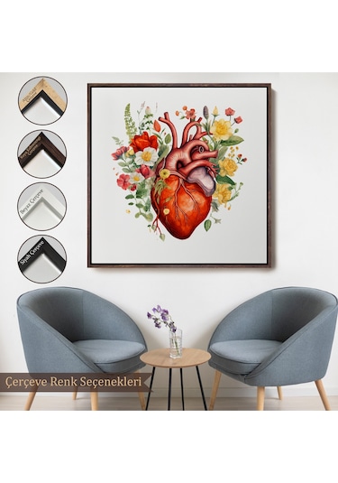 Ahşap Çerçeveli Çiçeklerle Çevrili Kalp Tablosu - Doktor Hediyesi-8326