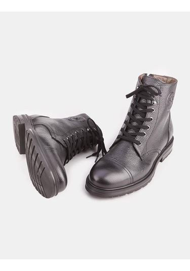 Cabani Hakiki Deri Siyah Bağcıklı Erkek Fermuarlı Günlük Bot Siyah