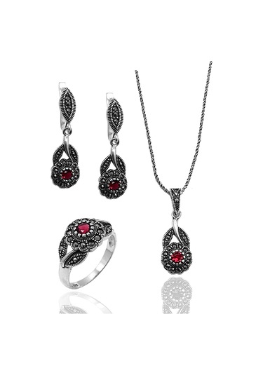 Midyat Nurtaş Gümüş Pembe Zirkon Taşlı Çiçek Model Markazit Gümüş Takı Seti 201022243