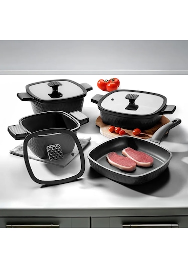 Nehir Royal Elite Square Siyah Alüminyum Döküm 7 Parça Tencere Set