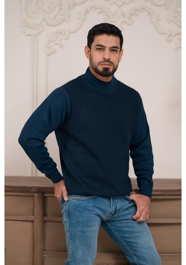 Woolen World Balıkçı Yaka Desenli Yünlü Erkek Triko Kazak Lacivert