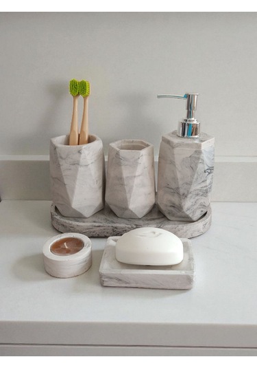 Mermer Desenli Beton Banyo Seti,sıvı Sabunluk ,diş Fırçalığı,kulak Çubukluğu,katı Sabunluk Ve Mumluk Gri