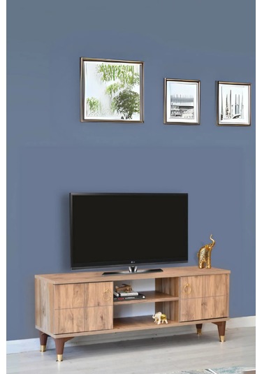 Lenatv Sehpası Atlantik Çam 2 Kapaklı Gold Halkalı Kulplu Yerden Yüksek 130x36x50 Cm