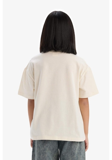 DeFacto Kız Çocuk Oversize Geniş Kalıp Bisiklet Yaka Kısa Kollu Tişört E0386A825SMER134 Ekru