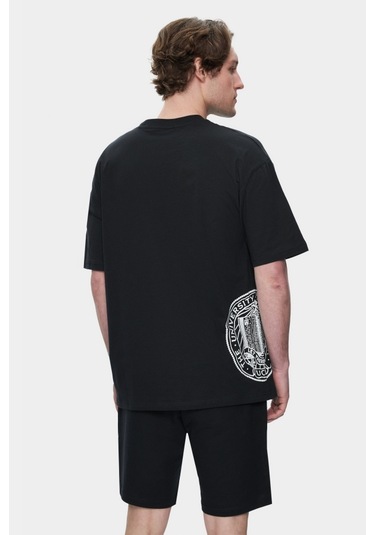 Ignıso Siyah Bisiklet Yaka Baskılı Oversize Erkek Tshirt SIYAH