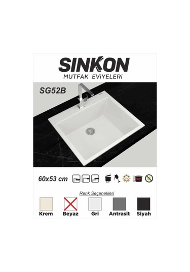Sinkon Beyaz Granit Eviye 60 x 53 - Sg52B - Sinkon