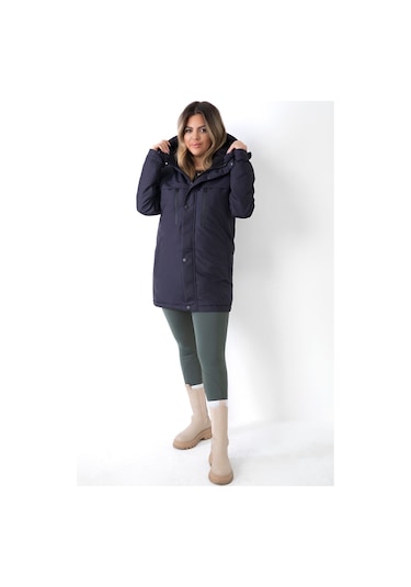 Kadın Lacivert Içi Polarlı Su Ve Rüzgar Geçirmez Kapüşonlu Kışlık Mont & Kaban & Parka Lacivert