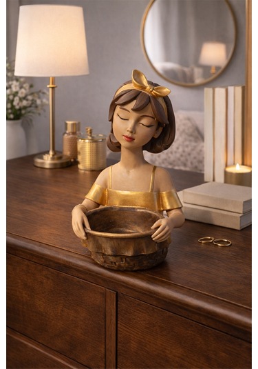 El Yapımı Seramik Kız Figürlü Kase Golden Blush Bow Çok renkli