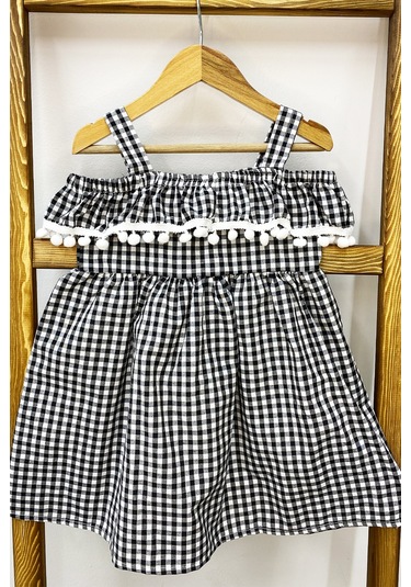 Kız Çocuk Askılı Elbise Dantelli Ekose Desenli B14 Siyah