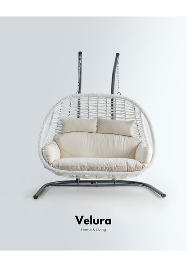 Pop Bahçe Salıncağı Çift Kişilik - Beyaz Rattan Krem Minder Beyaz