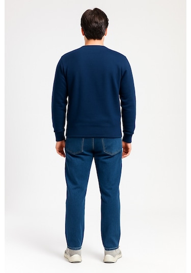 Vatan Tekstil İçi Polarlı Hafif Dar Kalıp Bisiklet Yaka Erkek Basic Sweatshirt Lacivert