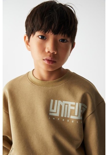 Erkek Çocuk Pamuklu Sırtı Baskılı Sweatshirt-13018-vizon Vizon