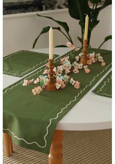 Yakacihome Florina Yeşil 4amerikanservis,1runner,4peçete, 4peçetehalkası Duck Keten Yıkanabilir Leke Tutmaz Set Haki