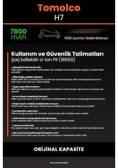 Tomolco H7 / 36v 7800mAh Elektrikli Scooter Bataryası