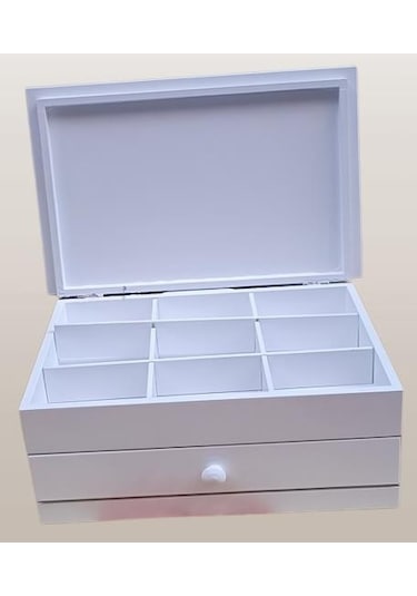 Hobi Adn Dekoratif Makyaj Kutu Çekmece Bölmeli Ahşap Mdf Beyaz Lake Boya El Yapım