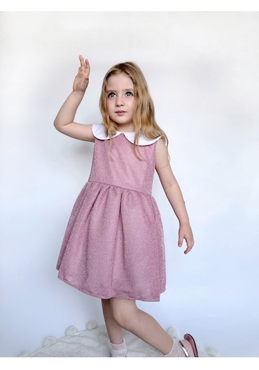 Linola Baby Kids Shiny Simli Bebe Yakalı Çocuk Elbisesi Pembe