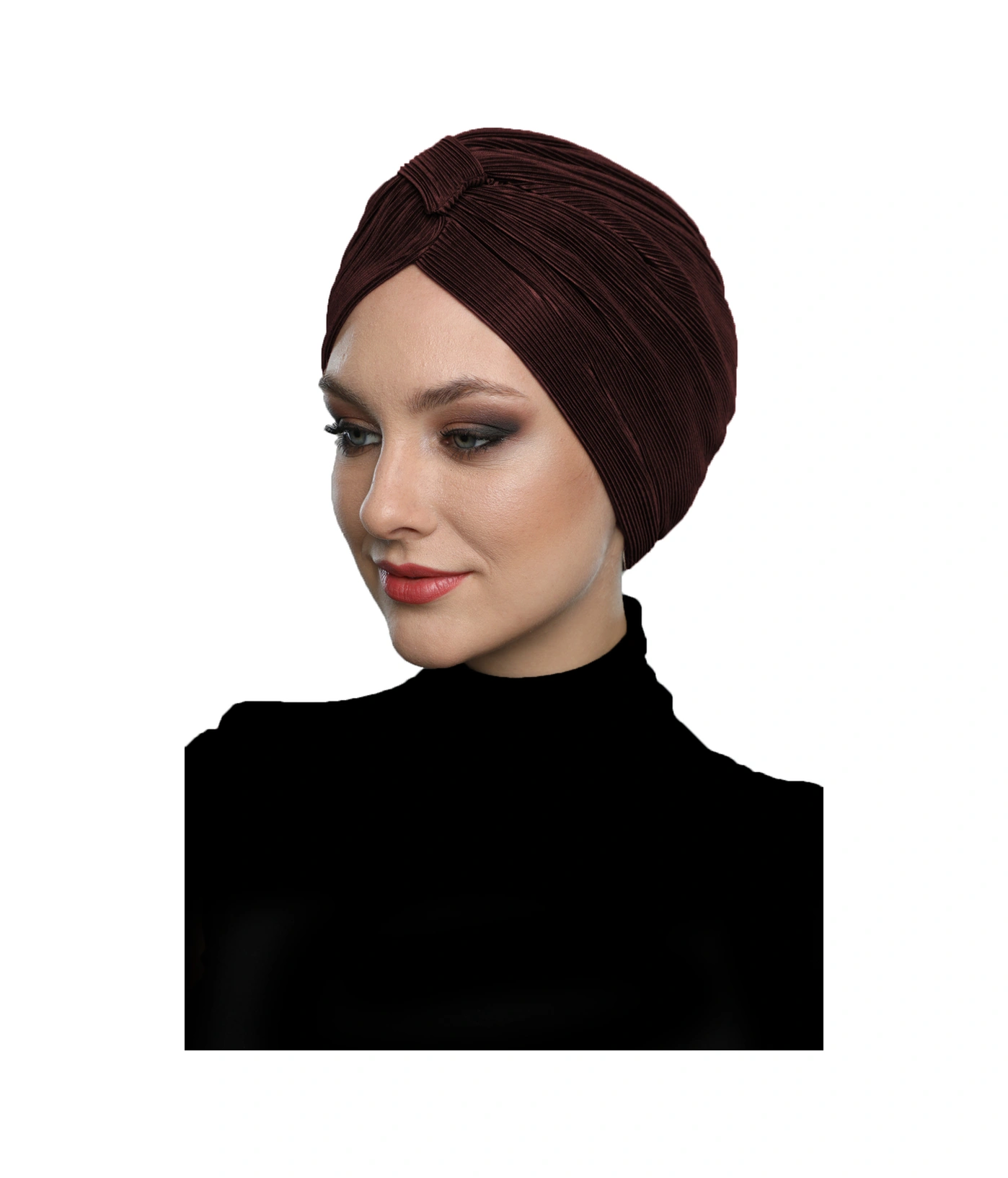 Çapraz Plise Bantlı Astarlı Kahverengi Hazır Türban Tesettür Havuz Bonesi Kahve