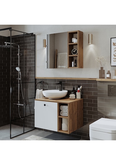 Lotus Lavabolu Mdf 65 Cm Banyo Dolabı + Aynalı Dolap Atlantik Çam - Beyaz