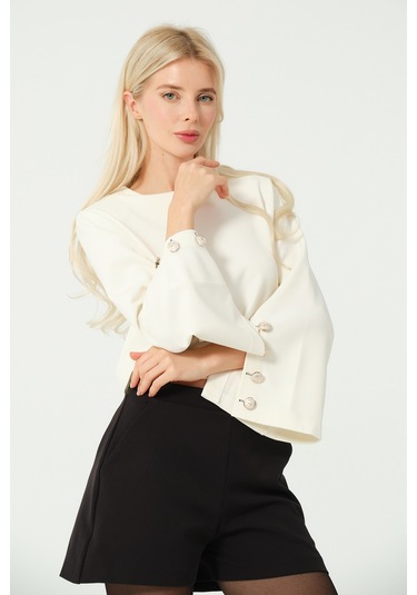 Düğme Detay Crop Bluz Beyaz BEYAZ Beyaz