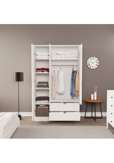 Moderno Trio 3 Kapaklı 2 Çekmeceli Gardırop Şık Ve Fonksiyonel Depolama Alanı Beyaz