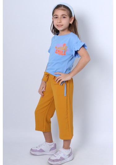 Kız Çocuk İkili Takım Sırt Baskılı Püsküllü Kolları Fıfırlı F20 Mavi