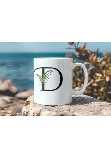 D Harf Zarif Yaprak Desenli Kupa Bardak - Naturel Sade Alfabe Harfli Bardak - Kişiye Özel Hediye Beyaz