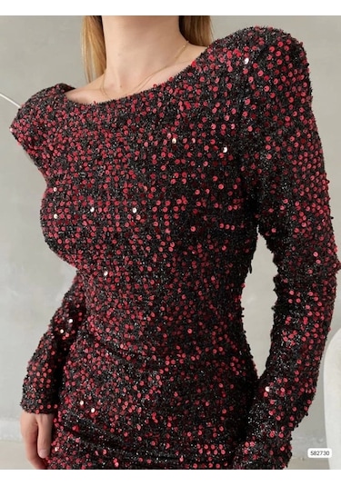 Kadın Uzun Kollu Vatka Detay Full Pul Payet Mini Elbise Kırmızı