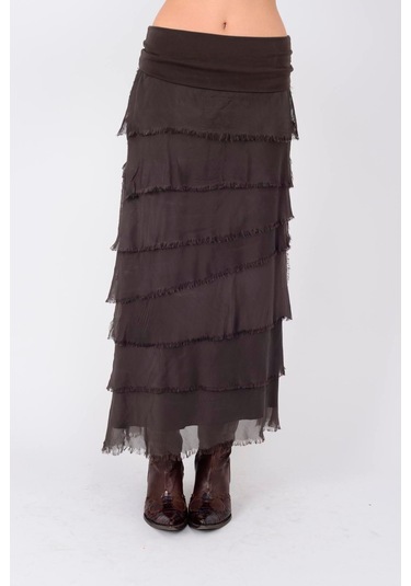 İtalyan 2 Beden Ince Gösteren Kat Kat Ipek Etek & Straplez Elbise Kahve Rengi